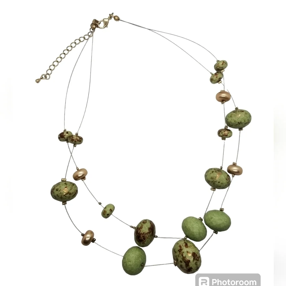 Vintage Artisan Clay Bead Illusion Necklace - Sage Green & Bronze Double Strand